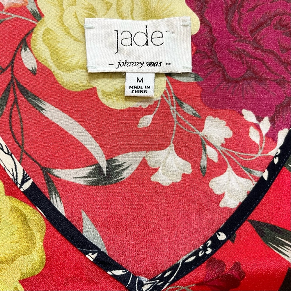 JOHNNY WAS JADE 100% Silk Vega Floral-Print V-Neck Silk Tunic w/ Tassels Artsy - Picture 7 of 11